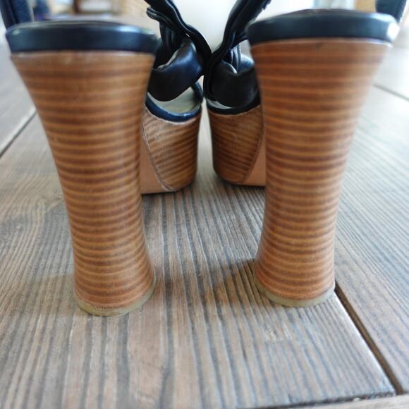 Chloe Platform Shoes 41 Black Tan Leather Wood Block High Heels Boho 70s Italy - Picture 7 of 10
